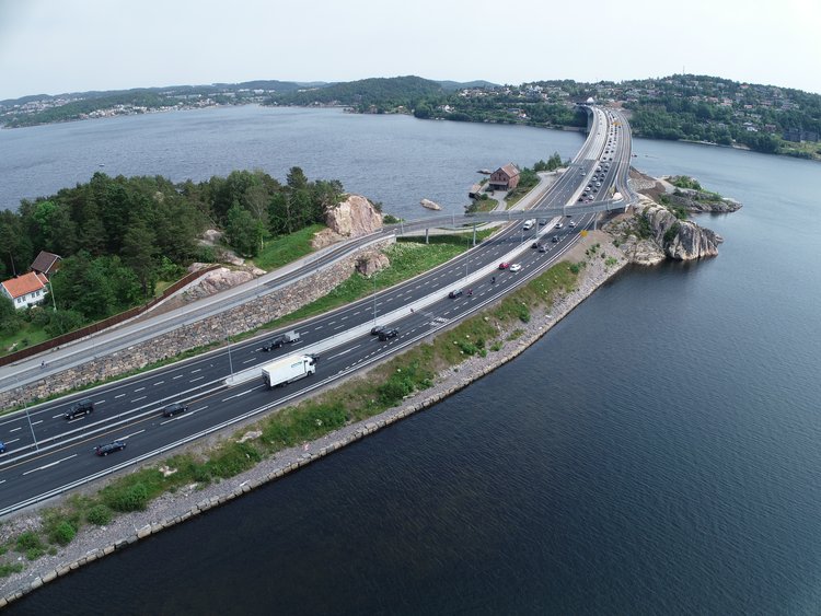 Aerial photo of bridge crossing water