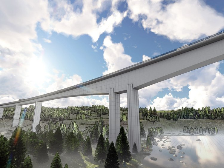Visualisation: concrete box bridge spanning over natural terrain.